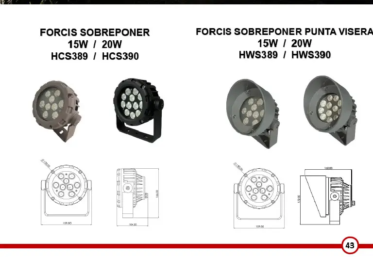 Proyector de sobreponer
Cuerpo: Aluminio acabado en pintura poliéster y
Housing de termoplástico.
Óptica: PMMA 10°, 25°, 40° y 10×60°.
Tensión de Operación: 90-150Vac.
Potencia: 15W.
Controlador: On-Off y Atenuable a TRIAC.
TCC: 2700K, 3000K, 4000K y 5000K,
AMBAR, AZUL, VERDE y ROJO.
Índice de Protección: IP65